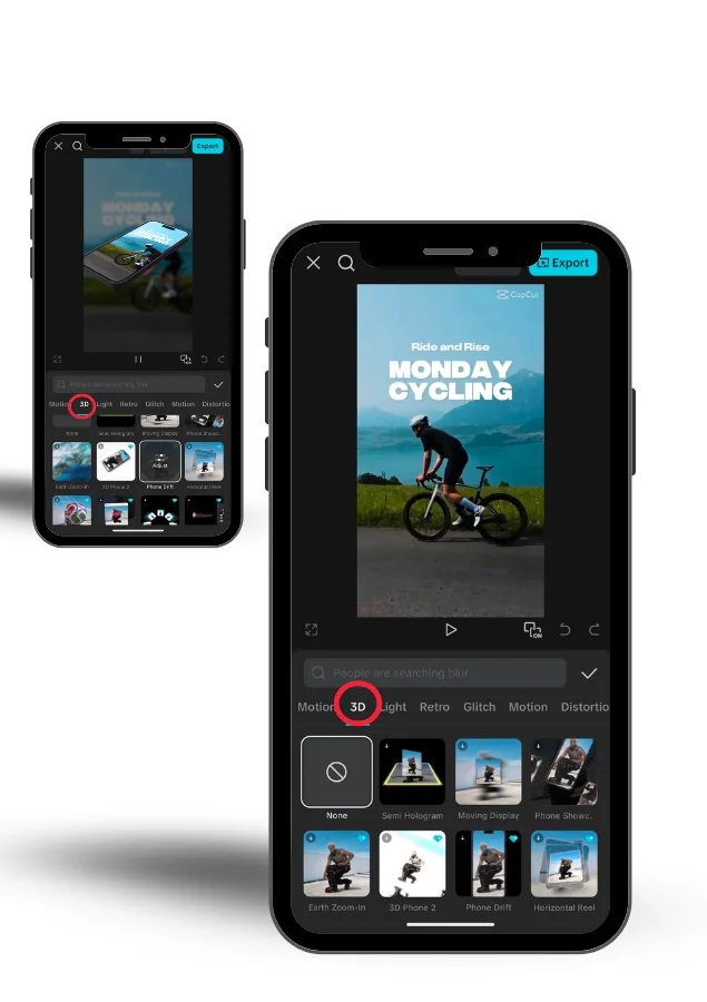 Two mobile devices displaying the Advanced 3D Effect editing tool in CapCut Pro APK.
