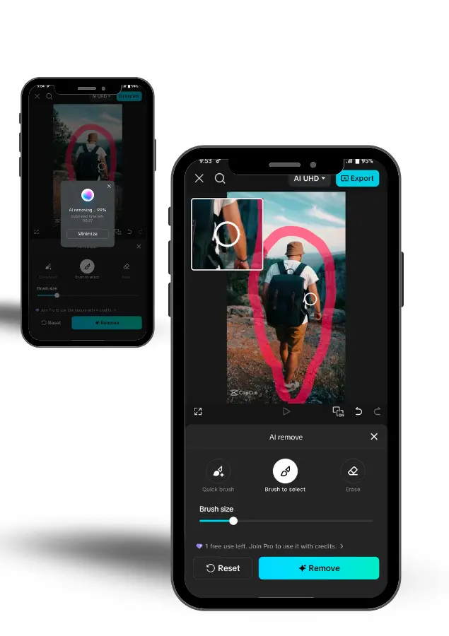 Front and rear smartphone views featuring the AI Background Remover tool in CapCut Pro APK.