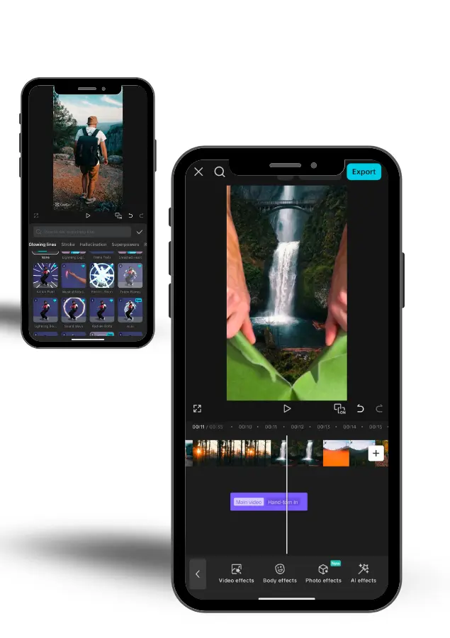 CapCut Pro APK screen highlighting the Premium Filters & Effects feature on front and back smartphones.