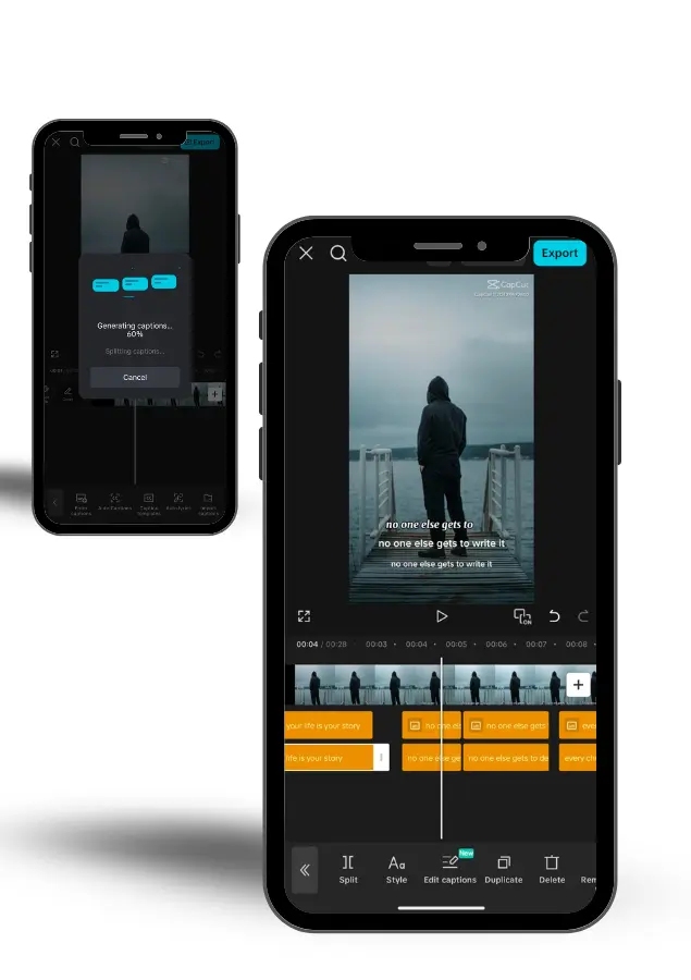 Two smartphones highlighting the AI Auto Captions & Subtitle Generator option in CapCut Pro APK.