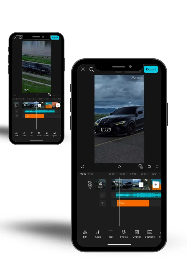 Front and back mobile phones showcasing the Multi-Layer Timeline Editing functionality in CapCut Pro APK.