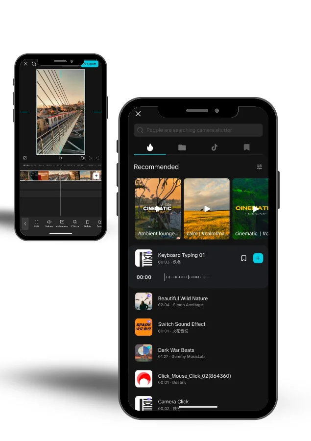 The Free Music Library workspace shown on two smartphones using CapCut Pro APK.