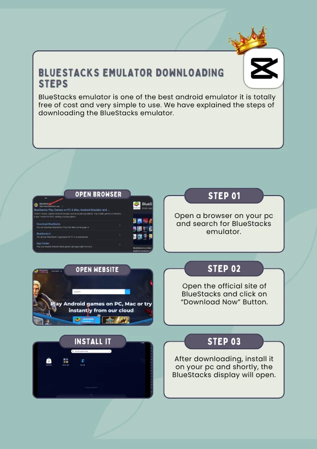 Infographic explaining how to download BlueStack emulator CapCut Pro for pc