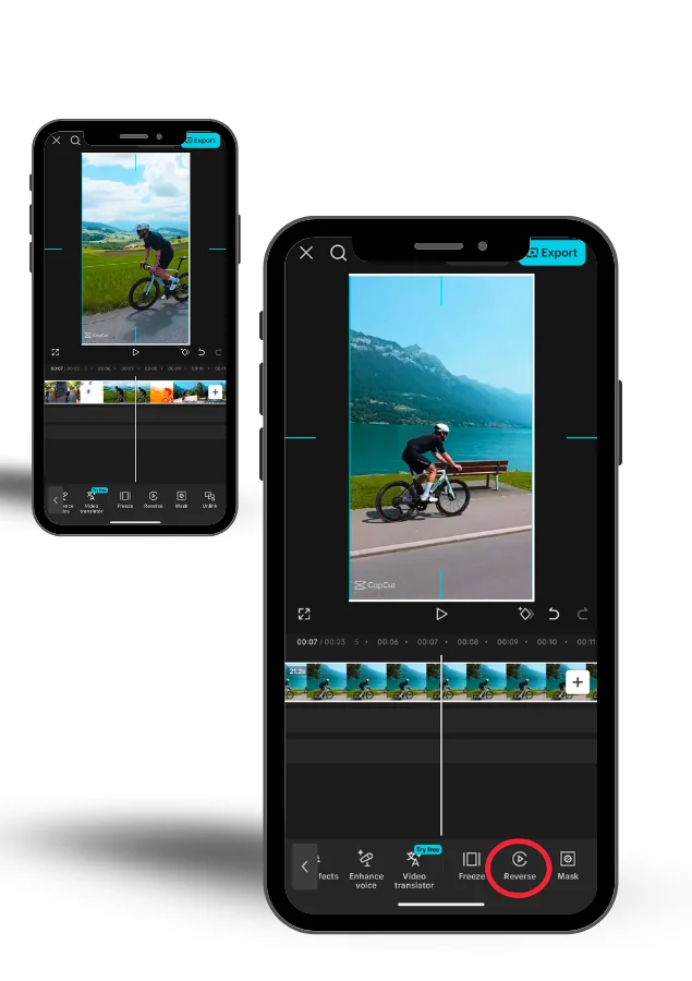 CapCut Pro APK showcasing the Reverse Video Playback interface on front and back smartphone screens.