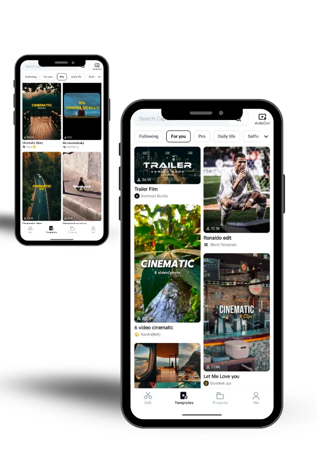 Front and back smartphone mockups featuring the Viral Templates Collection tool in CapCut Pro APK.