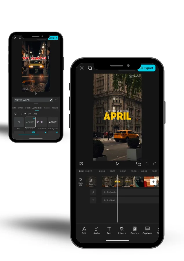 Front and back smartphones illustrating the Advance Text Animation feature in CapCut Pro APK.