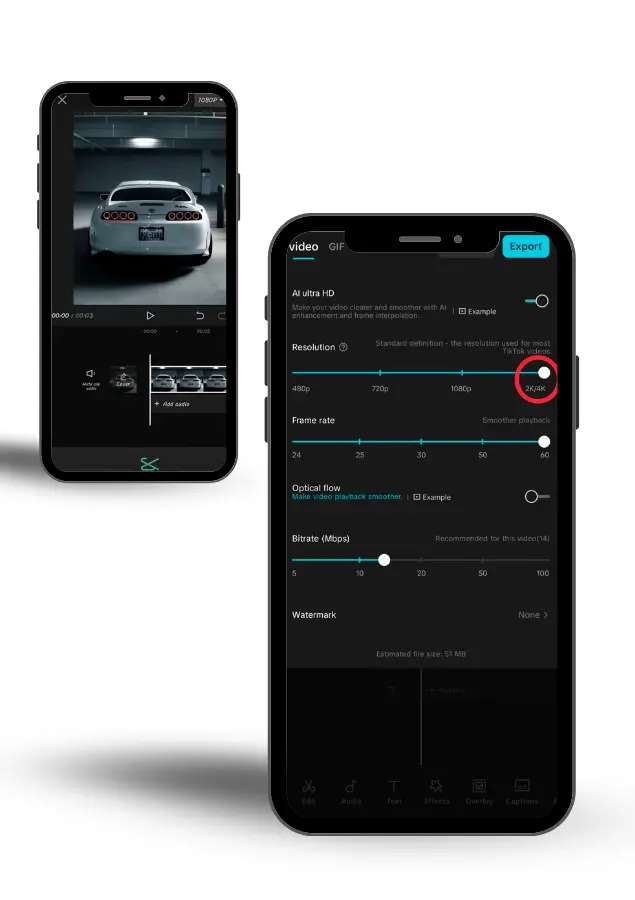 Two mobile phones showcasing the Ultra HD & 4K Video Rendering interface in CapCut Pro APK.