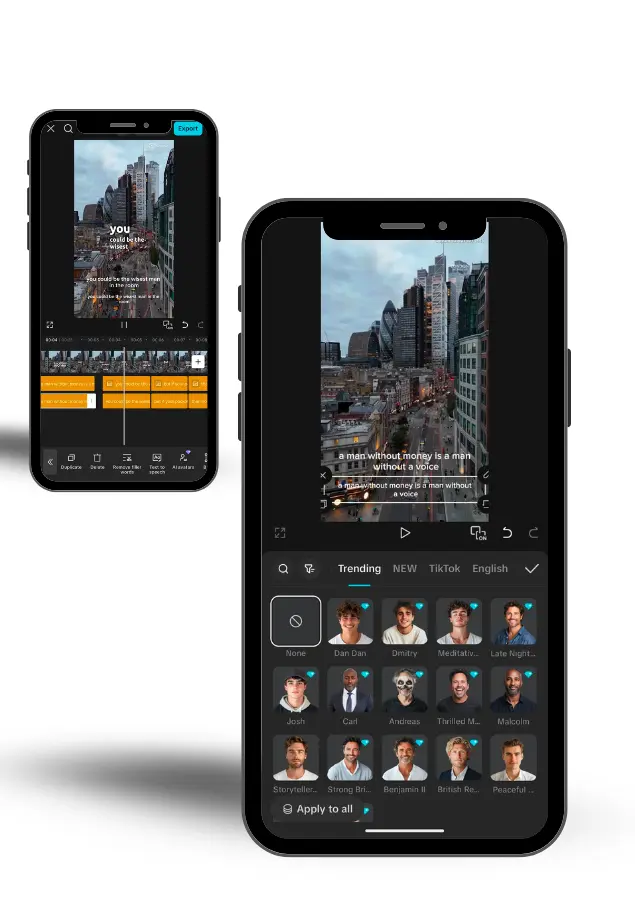 CapCut Pro APK displaying the Text-to-Speech & AI Voice Narration feature across front and back mobile screens.