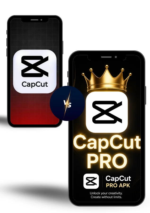 Front and back smartphones displaying a comparison of CapCut Free vs. CapCut Pro latest version