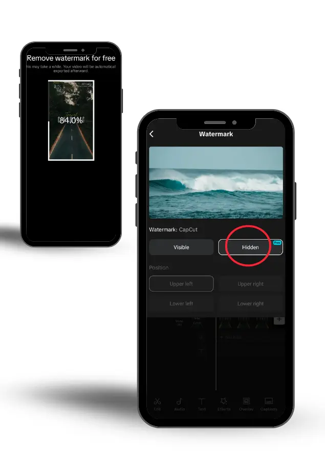 Front and back mobile phones displaying watermark free video export of capcut pro apk interface