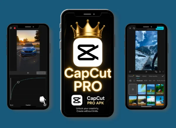 Three mobile phones showcasing different CapCut Pro APK old versions features