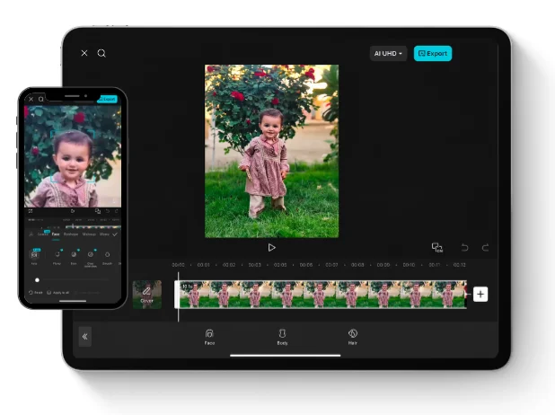 iPhone and iPad showcasing the Smart AI Retouch & Face Enhancement functionality in CapCut for iOS