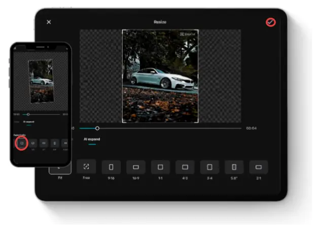 The AI Expand & Smart Frame Resize interface in CapCut for iOS displayed on an iPad and iPhone