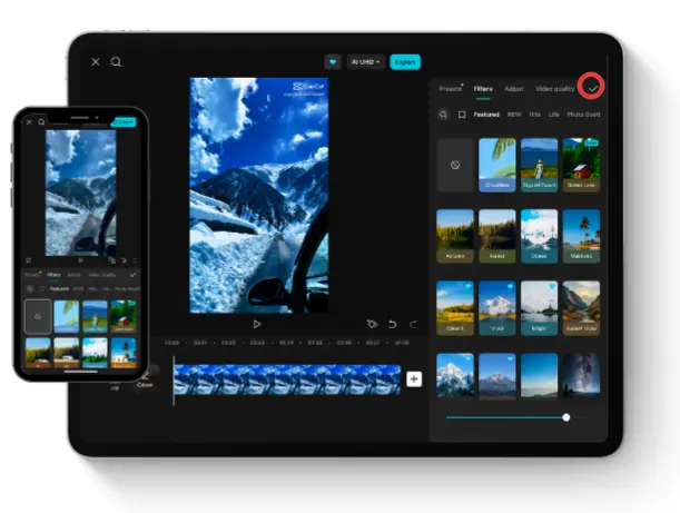 The Professional Color Grading Tools screen in CapCut for iOS shown on an iPhone and iPad