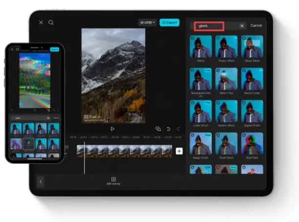 CapCut for iOS highlighting the Advanced Glitch Effect feature across iPhone and iPad
