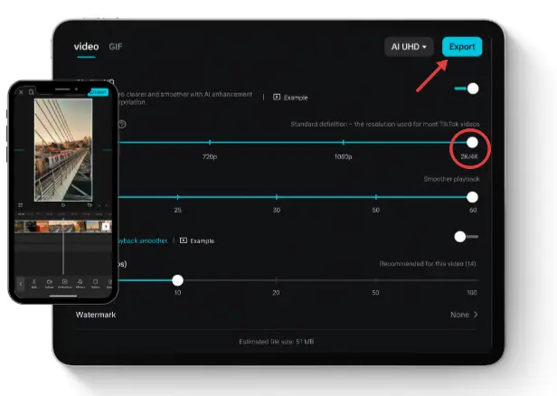 iPhone and iPad displaying the High FPS Export for Smooth Playback feature in CapCut for iOS