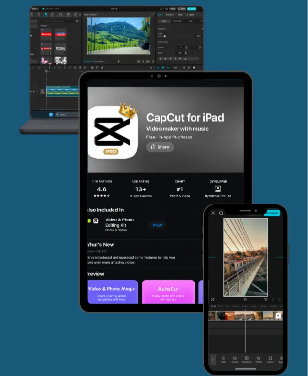 Laptop, iPad, and smartphone displaying download CapCut Pro APK