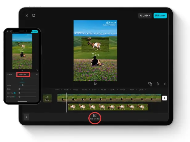 CapCut for iOS showcasing the Vector Graphics & Overlay  tool on an iPhone and iPad