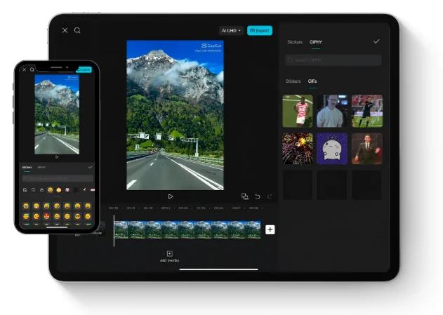iPad and iPhone showing the Sticker Packs, Emojis & Creative Elements editing feature in CapCut for iOS